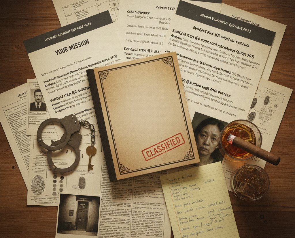 Vintage-style documents, notebook, and drink on a wooden surface