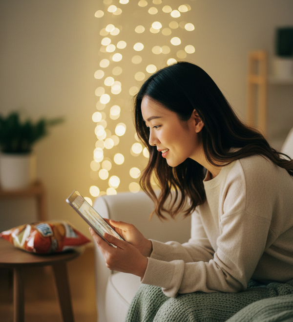 Woman sitting on a couch using a tablet with string lights in the background